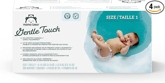 Amazon Brand - Mama Bear Gentle Touch Baby Diapers, Size 1, Leak Protection, Wetness Indicator, Umbilical Cord Cutout, 200 Count (4 packs of 50)