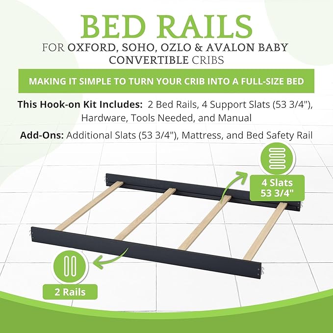 Full-Size Conversion Kit Bed Rails for Oxford, Soho, Ozlo & Avalon Baby Convertible Cribs - Solid Wood - Toddler & Adult Rail for Full-Size Bed - Nursery & Baby Furniture (Midnight Slate Hook-On Kit)