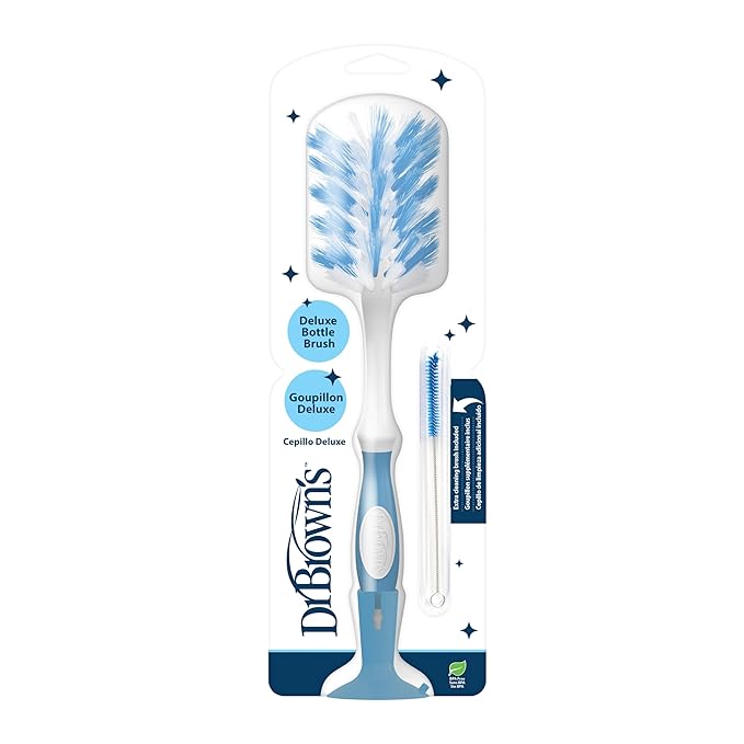 Dr. Brown's Deluxe Bottle Brush for Cleaning Baby Bottles, Nipples, and Sippy Cups with Suction Cup Stand and Vent Brush, BPA-Free, Blue, 1-Pack (Packaging and Color May Vary)