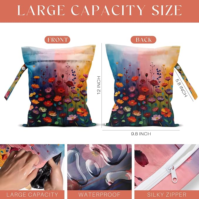 4 Pack Cute Wet Bag Waterproof Washable Wet Dry Bag for Swimsuit Dirty Clothes Diaper Travel Beach Pool Gym Bachelorette Party Toiletries Beach Essentials，Colorful Wildflowers Bouquet Flower Decor
