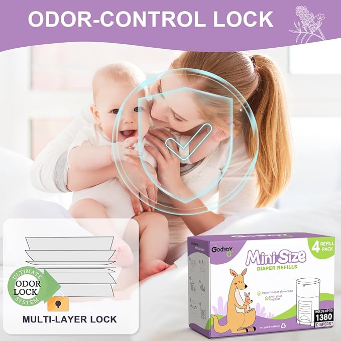 Refills Compatible with DEKOR MINI Diaper Pail Refills Bags | 4 Pack | Extra 20% Length Holds up to 1380 | Extra Thickness Powerful Odor Eliminate | Lavender Scent | Diaper Pail Refill Most Economical