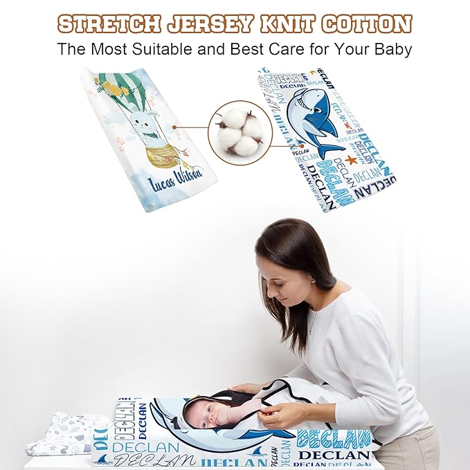 Personalized Toddler Changing Pad Cover - Custom 2 Piece Blue Shark Comfortable Changing Pad Covers for Baby Boys and Girls, Birthday Gift for Toddlers