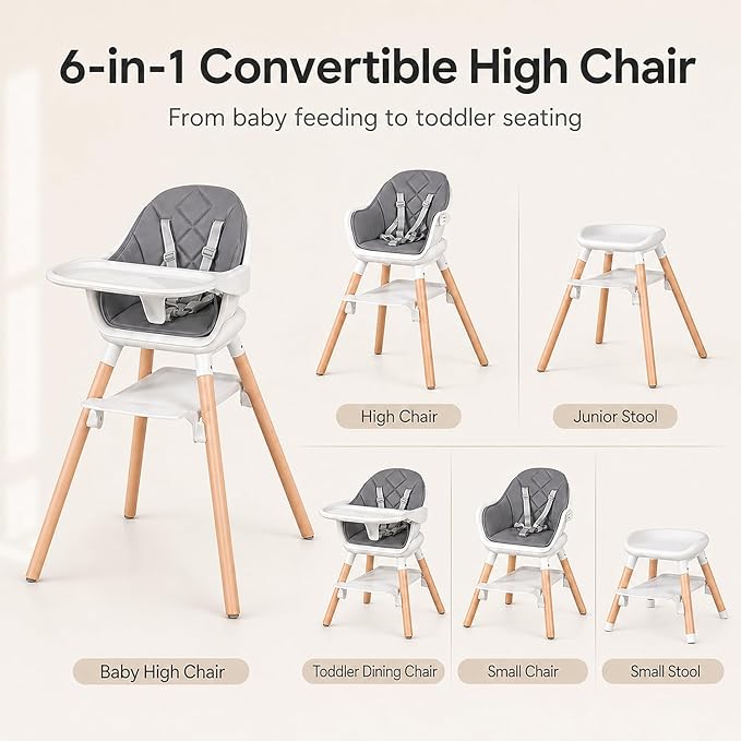 Baby High Chair, 6 in 1 Convertible High Chairs for Babies and Toddlers, Easy Clean Highchair with Removable Double Tray, 5-Point Harness, Reversible Footrest, Beech Wood Legs, Grey