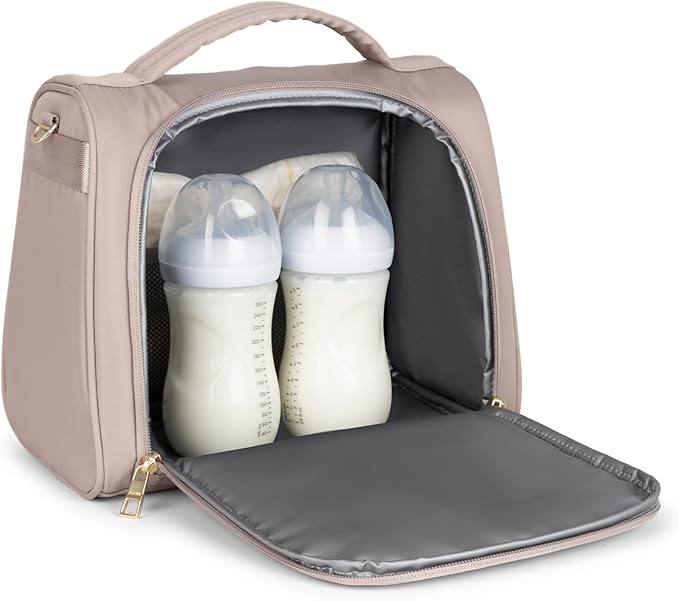 JuJuBe Insulated Bottle Bag, Breastmilk Cooler Bag Fits 3 Baby Bottles, Storage Tote for Nursing Mom, Daycare & Travel, Lunch Bag w/Handle & Shoulder Strap (Taupe)