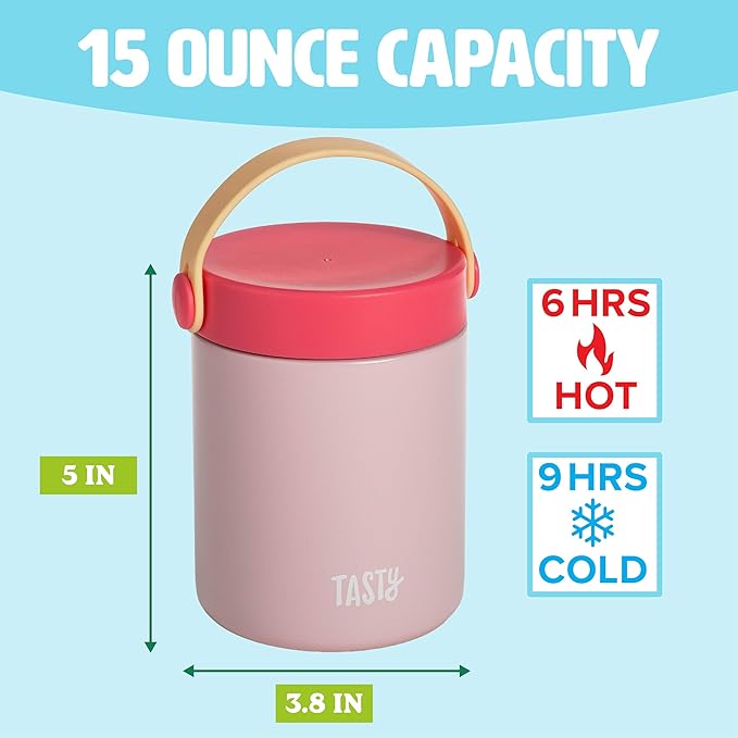 Tasty Food Jar with Folding Handle, Portable Snack Travel or Lunch Container, Stainless Steel Insulated Vacuum with Leak-Proof Lid, Keeps Food Hot or Cold for Hours, 15-Ounce, Pink