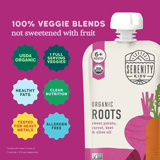 Serenity Kids 6+ Months Veggie Puree Baby Food Pouches - USDA Organic Baby Food - 100% Veggies Pouches for Toddlers - No Added Sugar Healthy Toddler Snacks - 3.5 Oz, Pack of 12