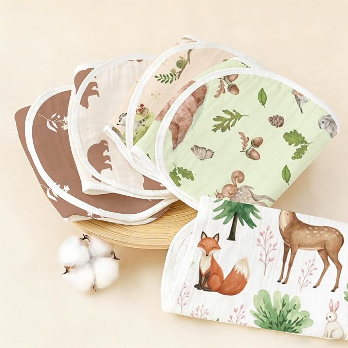 5pcs Woodland Baby Burp Cloths for Boys Girls Parent,100% Cotton Forest Animal Themed Muslin Burping Cloths,Burp Rags,Absorbent Spit-Up Cloths for Infant Newborns