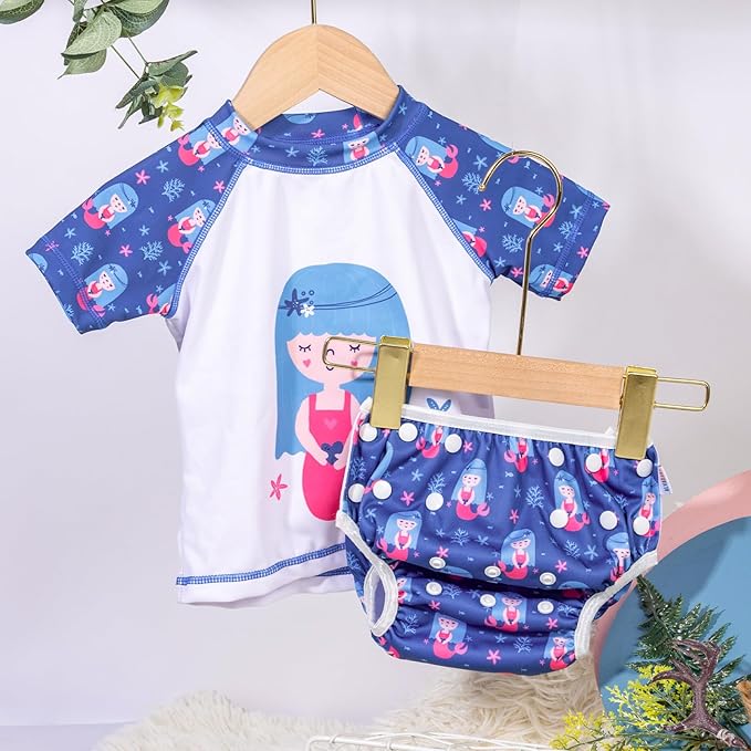 ALVABABY Baby Girl Swimsuit, 2-Piece Infant Toddler Bathing Short Sleeve Swimwear, Small Baby Reusable Swim Diaper with Matching Top