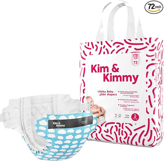 Kim & Kimmy Eco Diapers, Size 2, 9-18 lbs, 72 Diapers - 12 Hour Leak Protection, No Rashes, Hypoallergenic, Ultra-Soft & Highly Absorbent - Cruelty Free & Vegan - Little Clouds