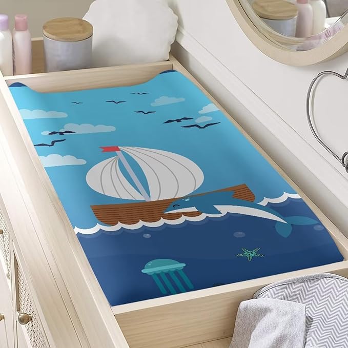 Dolphin Ship Changing Pad Covers, Breathable Baby Change Table Cover Non Slip Change Sheet for Newborn Babies Boys Girls