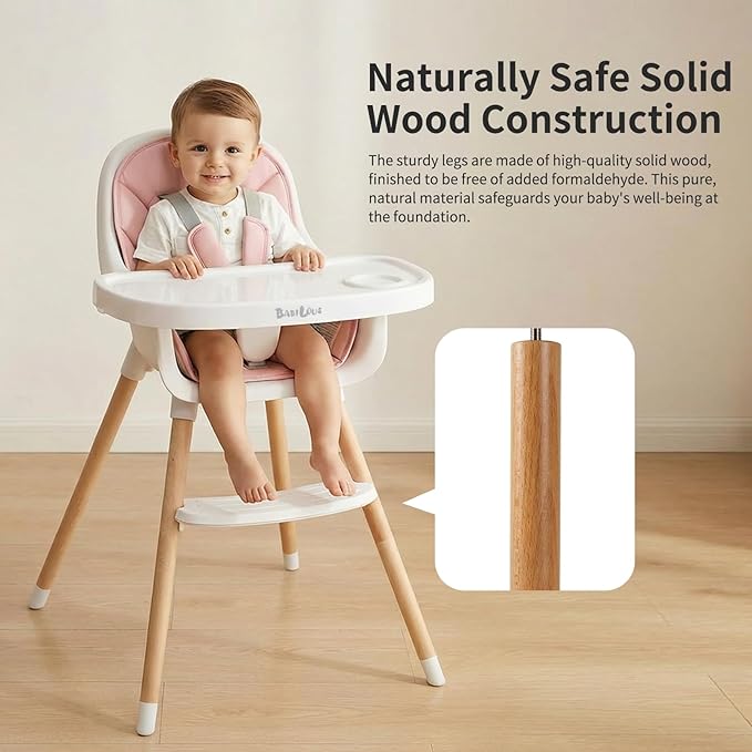 Baby High Chair, Wooden Highchair with Removable Tray, Adjustable Legs, Cushion, 5-Point Harness and Footrest for Infants, Baby, Toddlers, Pink