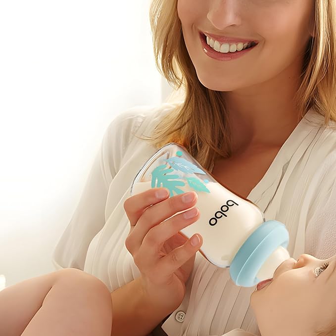 YOHKOH Natural Glass Baby Bottle with Level 1 Slow Flow Nipple, Newborn Anti-Colic Baby Bottles, Wide Neck Mushroom Baby Glass Bottle ((5.4oz (Pack of 4), Blue-A)
