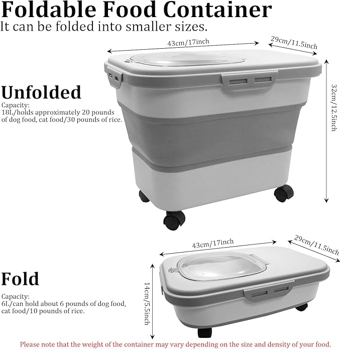 20-30 Lbs Rice and Pet Food Storage Container - Collapsible Airtight Food Storage with Rolling Wheel & Locking Lid, Flour Container with Cup & Scoop for Rice, Flour, Pet Food (Grey)