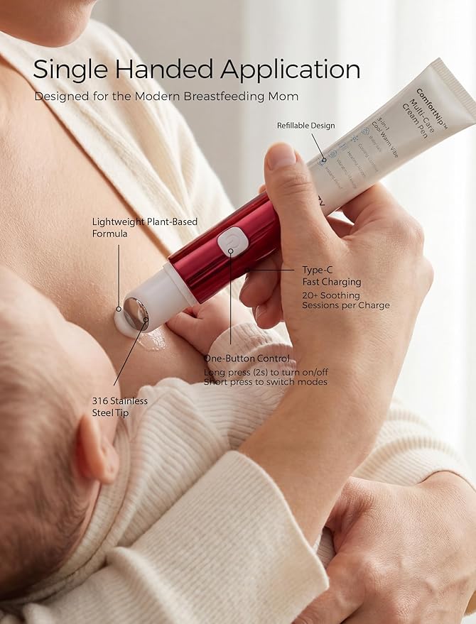 Momcozy ComfortNip™ 3-in-1 Heat Cool and Vibe Nipple Cream Pen Touch-Free 316 Steel Head Botanical Breastfeeding Cream Rechargeable Portable Postpartum Gift for Sore Nipple & Relief Clogged Ducts
