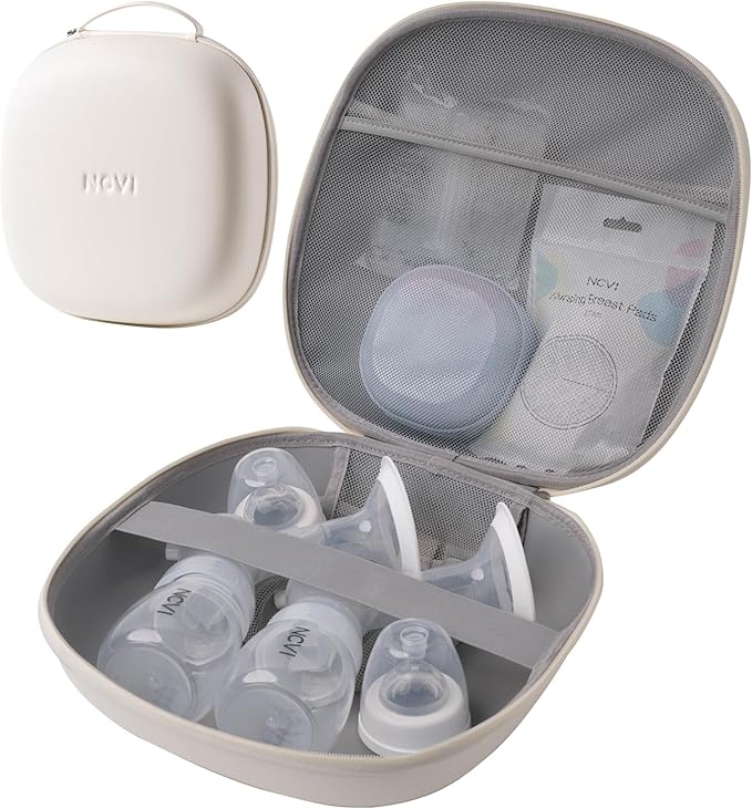 NCVI Breast Pump Carrying Case for Pump Parts and Bottles, Portable Wearable Pump Travel Bag Organizer for Working Moms, Durability Hard Shell, Interior with 3 Compartments through Mesh Bag, Beige