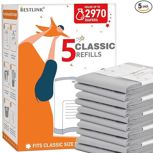 5 Pack Refills Compatible with DEKOR CLASSIC Diaper Pails | 20% Extra Length Diaper Pail Refill Bags Liners Holds 2970 Diapers | Ultimate Odor Control with Baby Scented