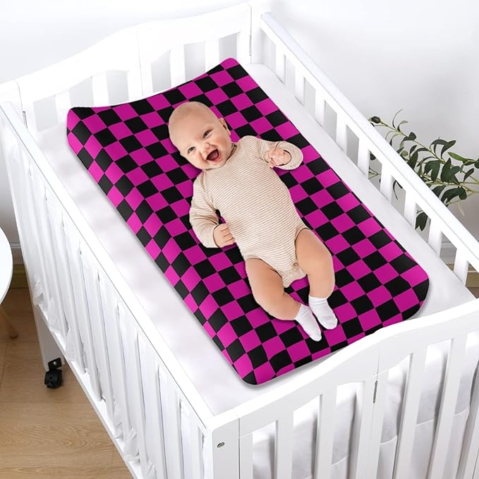Deep Pink and Black Checkered Changing Pad Cover for Baby Girls Boys Cartoon Breathable Diaper Change Table Sheet Soft Stretchy Cute Change Table Mat Cover Fit 32x16