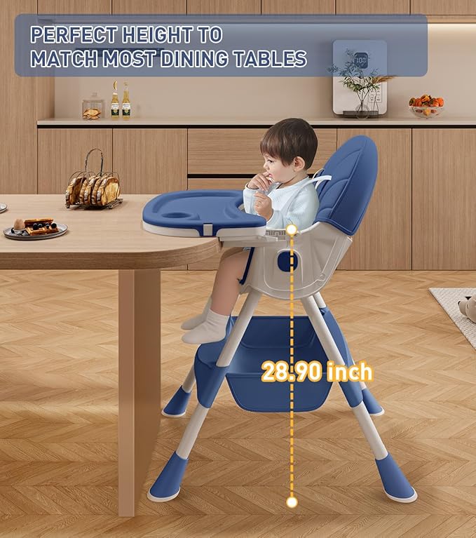 Baby High Chair, 5 in 1 High Chairs for Babies and Toddlers, Travel Foldable High Chair with Detachable PU Cushion, Double Removable Tray, Adjustable Height & Recline, Locking Wheels (Navy Blue)