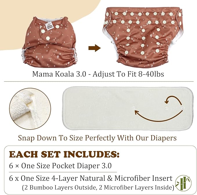 Mama Koala 3.0 Cloth Diapers for Babies, 6 Pack One Size Washable and Reusable Pocket Diapers for Newborns and Toddlers (Shallow World)