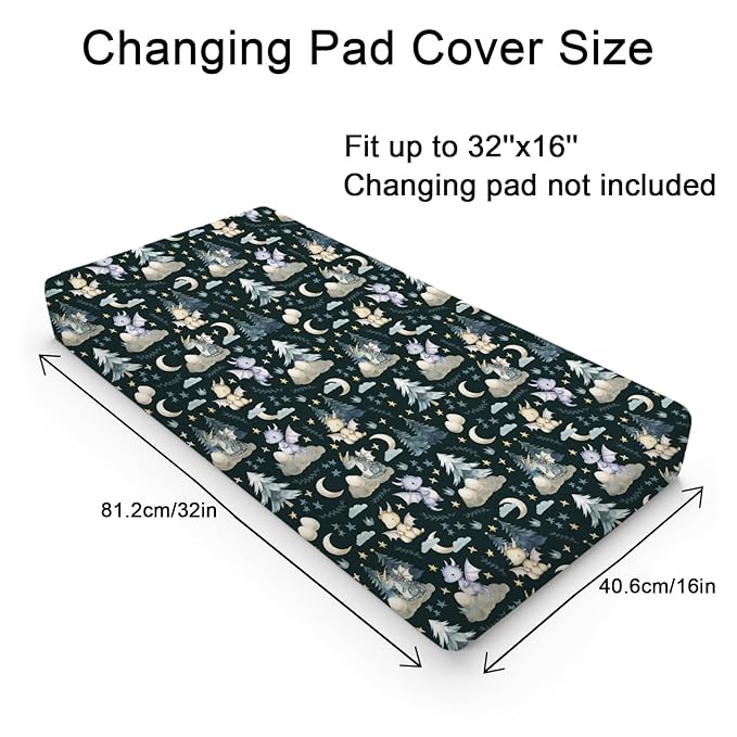 Fairytale Dragons Baby Changing Pad Covers for Boy Girl 32''x16'' Cute Dragons Eggs Moon Stars Trees Fitted Diaper Change Table Pad Sheets Dreamy Animal Soft Breathable Nursery Changing Table Mats