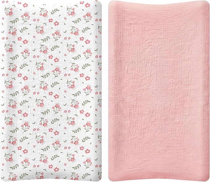 Muslin Changing Pad Cover Waterproof 2-Pack for Baby Girl Boy, Soft Breathable Diaper Changing Table Covers Set