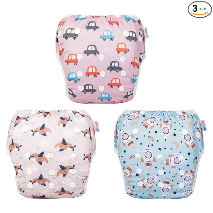 ALVABABY 3 Pack Large Swim Diapers Baby/Toddler/Infant Snap Adjustable Reusable Swimming Diaper Baby for Boy and Girl 3ZSWY37