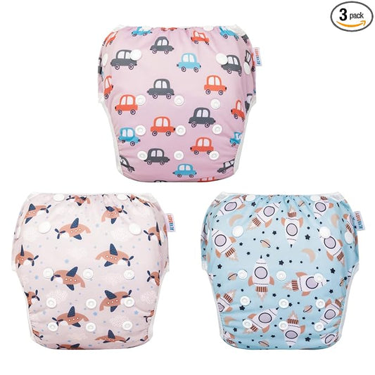 ALVABABY 3 Pack Large Swim Diapers Baby/Toddler/Infant Snap Adjustable Reusable Swimming Diaper Baby for Boy and Girl 3ZSWY37