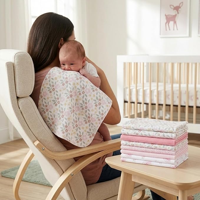 EVERYDAY KIDS 12 Pack Burp Cloths for Baby Girl; Newborn Essential with - Large Absorbent Cotton Flannel Pink Burping Cloths for Babies with Woodlands, Floral and Rainbow Prints and Solids