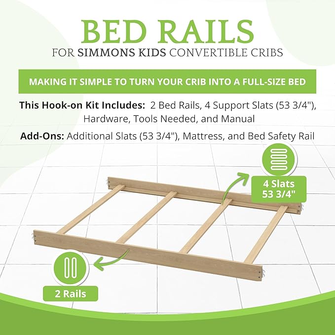 Full-Size Conversion Kit Bed Rails Compatible with Simmons Kids Convertible Cribs by Delta Children - Solid Wood - Toddler Adult Bed Rail for Full-Size - Nursery Furniture (Unfinished, HOOK-ON KIT)