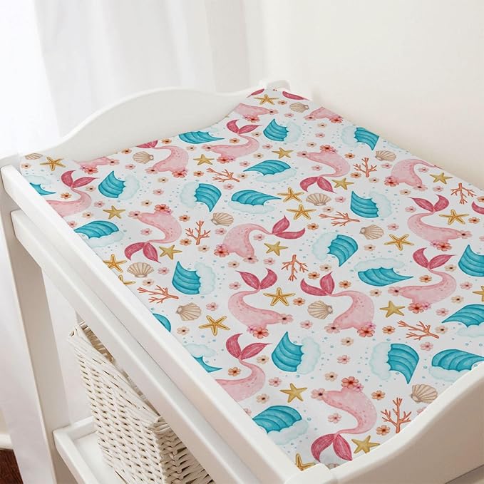 Colorful Nautical Life Changing Pad Cover Mermaid Starfish Conch Coral Wave Baby Change Table Pad Cover for Boy Girl Sea Ocean Marine Animal Soft Stretchy Fitted Diaper Changing Mat Sheets 32''x16''