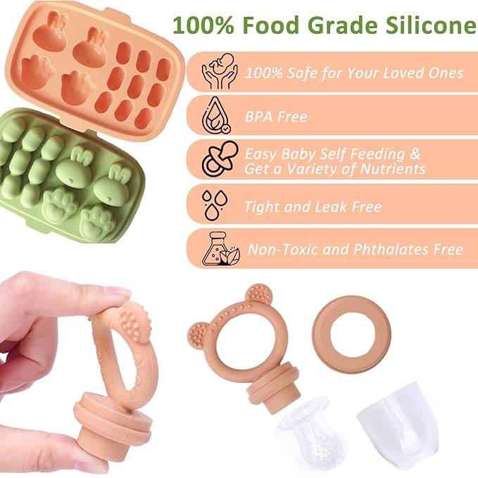 JEXFUN Baby Fruit Food Feeder Pacifier & Freezer Tray Set, Breastmilk Popsicle Molds for Teethinig, Baby Food Storage Containers Breast Milk Ice Cubes for Baby & Infant Self Feeding, BPA Free (2Pack)