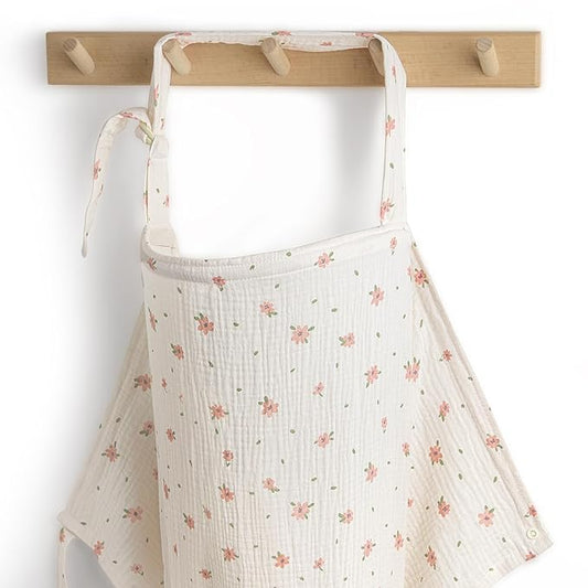 Blissful Diary Muslin Nursing Cover for Breastfeeding, Breathable Breastfeeding Cover up with Arch Neckline for Women, Nursing Apron (Pink Floral)