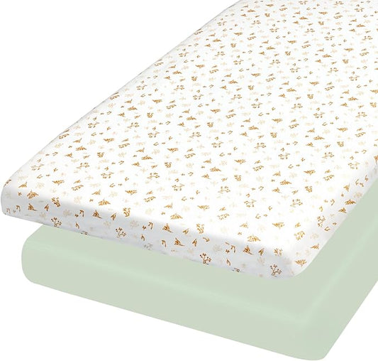 Baby Bassinet Sheets Boys, Cotton Bassinet Sheets Rectangle, 2 pc Bassinet Mattress Sheets, 32"x16" Compatible with Baby Delight Beside Me Dreamer Bassinet, Bedside Bassinet Sheet (Woodland+Green)