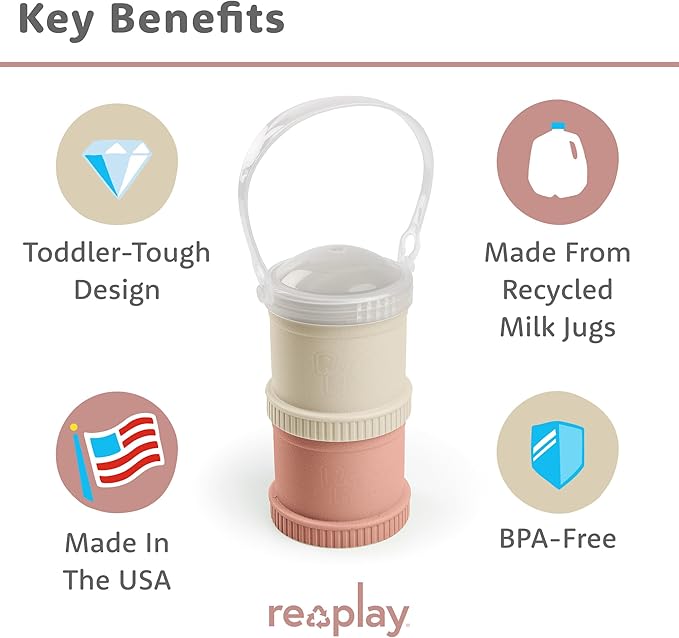 Re-Play Snack Stack Toddler Containers, 2 Sets - Stackable Cups with Travel Lid & Strap for On-the-Go, BPA-Free, Made in USA, Sand/Desert