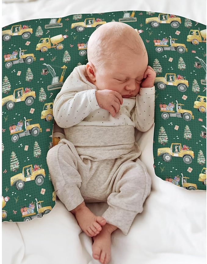 Green Christmas Construction Trucks Baby Nursing Pillow Covers for Boy Girl Dump Truck Excavator Animals Gifts Nursing Pillowcase for Breastfeeding Pillows Winter Holiday Soft Stretchy Slipcovers