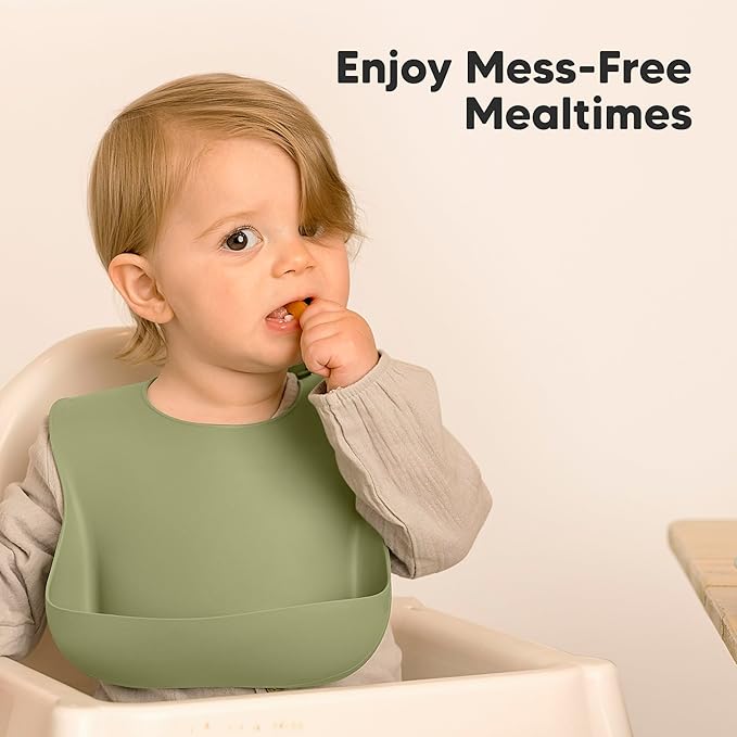 KeaBabies 2-Pack Silicone Bibs for Babies, Toddlers Girl, Boy – Sturdy Food-Grade Baby Bibs for Eating, Large Food Catcher, Clean & Put On Easily, Waterproof Toddler Feeding Essentials (Forest)