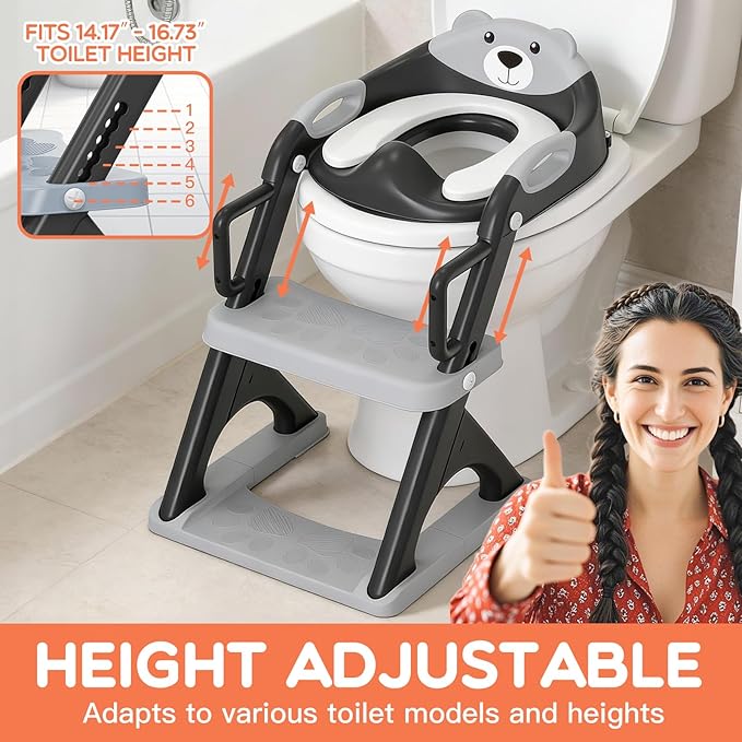 Potty Training Seat with Step Stool Ladder, Toddler Toilet Seat for Boys Girls, Adjustable 6 Heights Fits Round & Elongated Toilets, Anti-Slip Pads & Leak-Proof Guard