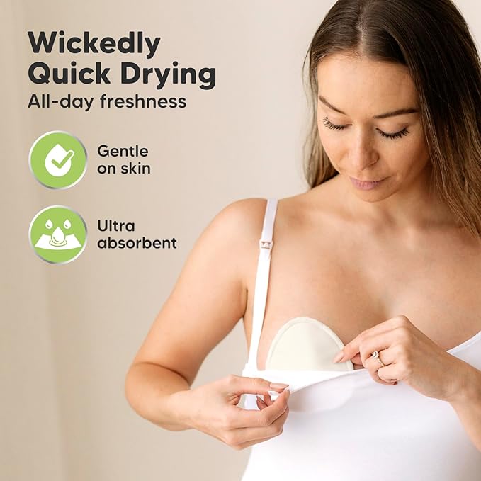 Organic Nursing Pads - 14 Washable Breast Pads for Breastfeeding, Wash Bag, Reusable Nipple Covers for Breastfeeding Essentials, Soft & Absorbent (Neutrals, M 3.9")