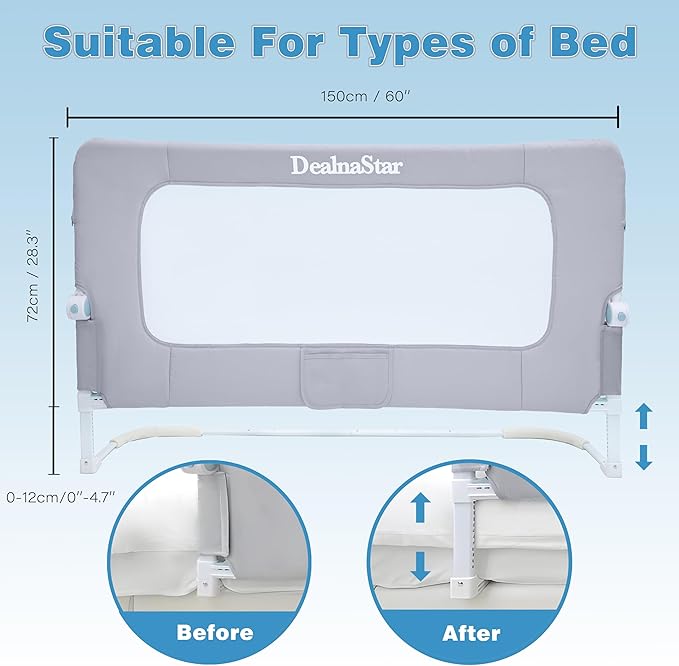 Bed Rail for Toddlers,Foldable Baby Bed Rail-60in/150cm Height Adjustable Safety Guard for Kids, Universal Fit Twin/Full/King/Queen Beds.