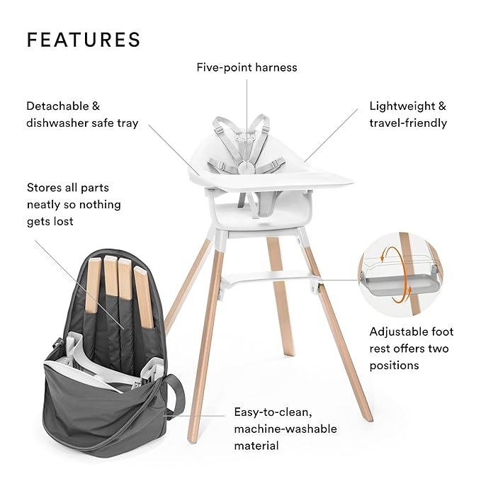 Stokke Clikk High Chair (White) + Travel Bag (Grey) - All-in-One High Chair with Tray + Harness - Light, Durable & Travel Friendly - Best for 6-36 Months or Up to 33 lbs
