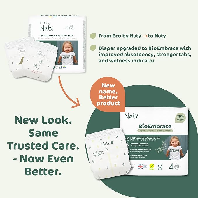 Naty BioEmbrace Baby Diapers | Sensitive Skin Safe Certified | Leak Protection up to 100% | Plant-Based Softness, Premium Comfort | Chlorine-Free | Size 4 (15–40 lbs), 88 Count