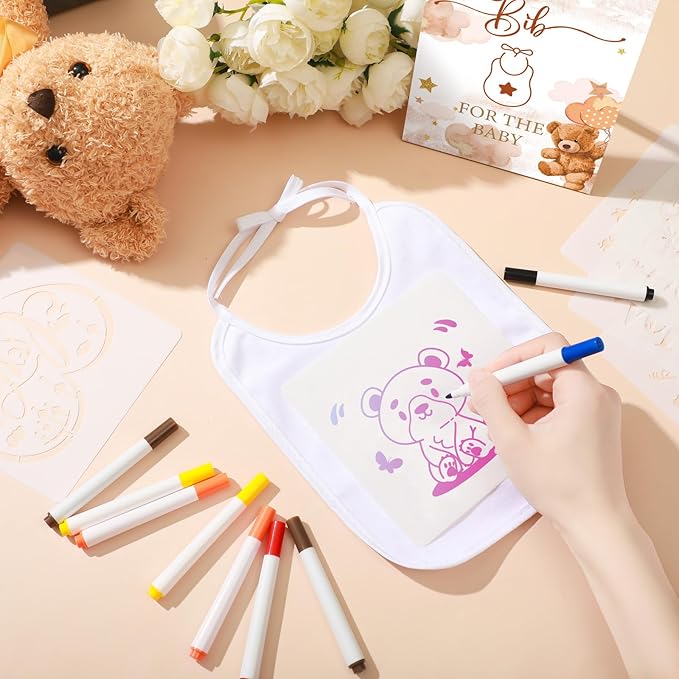 Panitay 100 Pcs DIY Baby Bibs Decorating Kit 50 White Bibs 25 Stencils 24 Markers 1 Baby Shower Game Sign