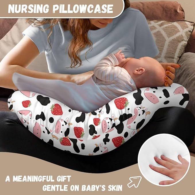 Strawberry Cow Nursing Pillow Covers for U-Shaped Nursing Pillow Nursing Pillow Case for Newborn Boys Girls Hidden Zipper Design Soft and Skin-Friendly Breathable