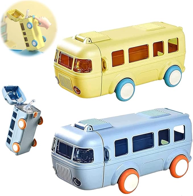2023 New Portable Water Cup In Bus Shape, 16 OZ Cute Bus Shape Water Bottle, 360° Leak-Proof Portable Water Bottle with Straw and Strap, Bounce Flip Top Straw Water Bottle for Kids (E-Blue+Yellow)