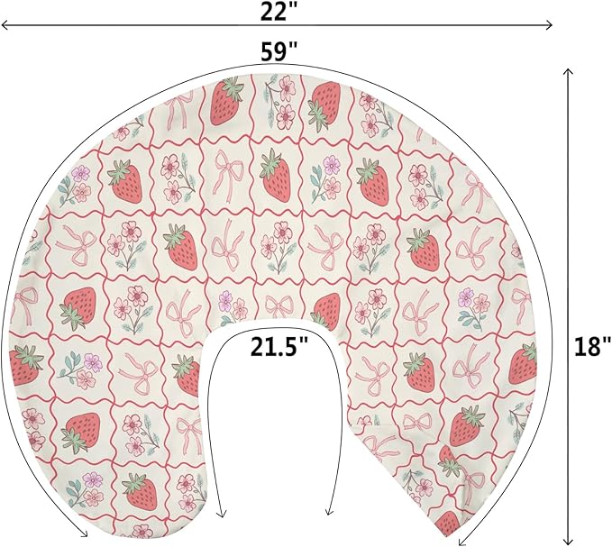 Boho Strawberry Flowers Baby Nursing Pillow Covers for Girl Strawberries Pink Bows Checkerboard Nursing Slipcovers for Breastfeeding Pillows Summer Fruit Soft Stretchy Cover for Newborn Infant