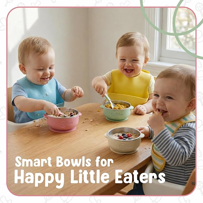 o'doe Suction Bowls for Baby - Non-Toxic Stainless Steel Baby Bowls 5" with Non-Slip Removable Silicone Shell - BPA-Free Toddler Bowls (Green + Rose + Beige)