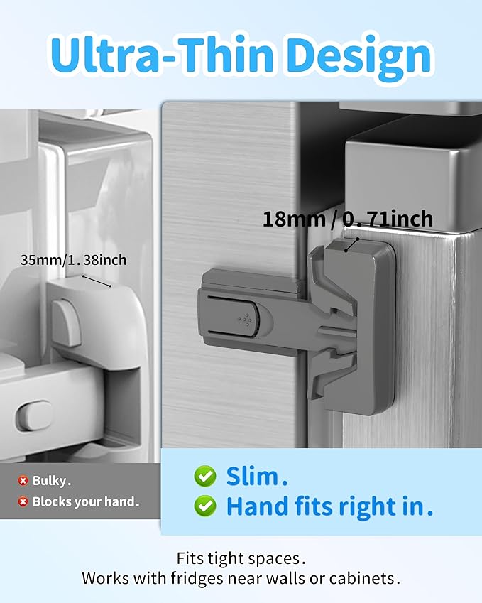 Yunkey Child Safety Fridge Lock — Auto-Lock Design, One-Hand Open & Self-Locking Close — Helps Keep Toddlers & Pets Out — 3M Strong Hold & Clean Removal | Gray, 1-Pack