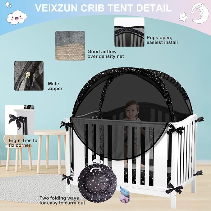 Crib Tent Safety Crib Net to Keep Baby in, Black Pop up Cribs Cover to Keep Baby from Climbing Out, Breathable Mesh Blackout Mosquito Net for Toddler Bed