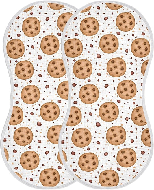Muslin Burp Cloths for Baby Boys and Girls - 2-Pack Ultra Absorbent Chocolate Chip Cookies Muslin Washcloths, Newborn Towel, Milk Spit Up Rags, Burp Cloth Bib for Unisex, 22 x 11 Inch