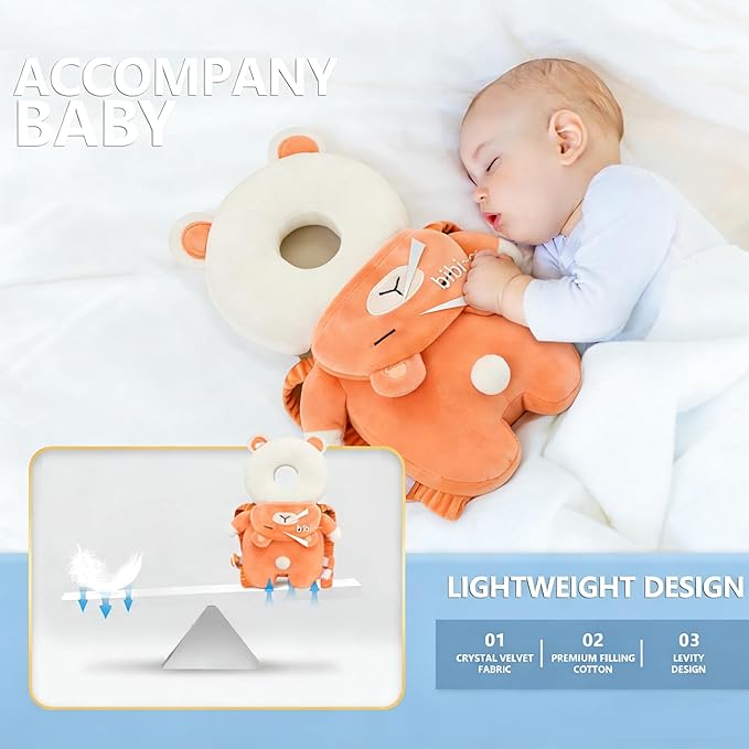 Baby Head Protector Backpack, Toddler Baby Head Protection Backpack with Baby Knee Pads Alarm Function for Walking & Crawling, Soft, Breathable and Wearing Safety Baby Head Protector- Orange Bear